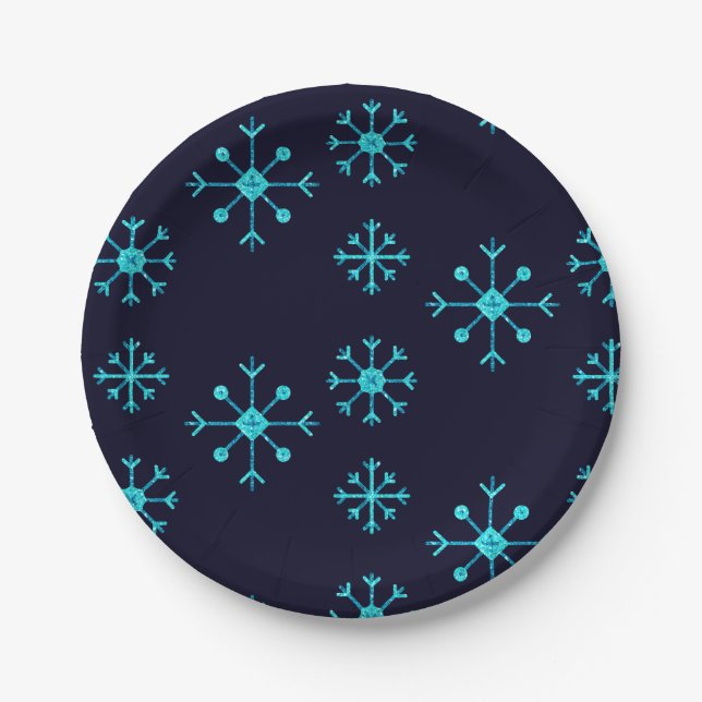 Blue Glitzer Snowflakes Pappteller (Vorderseite)