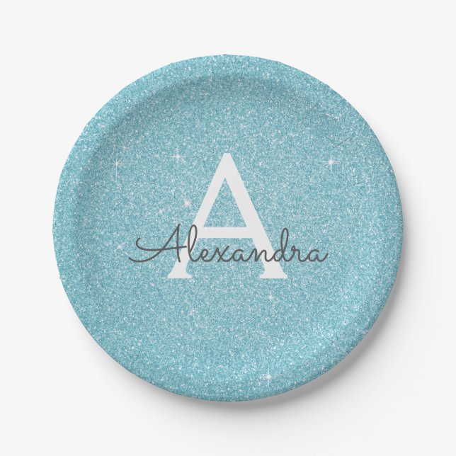 Blue Glitzer & Sparkle Monogram Birthday Pappteller (Vorderseite)