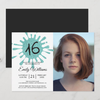 Blue Glitzer Splash Sweet 16 16. Geburtstagsparty Einladung