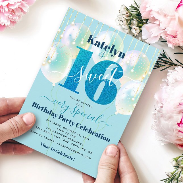 Blue Glitzer Sweet 16 Birthday Balloons Moderne Einladung (Von Creator hochgeladen)