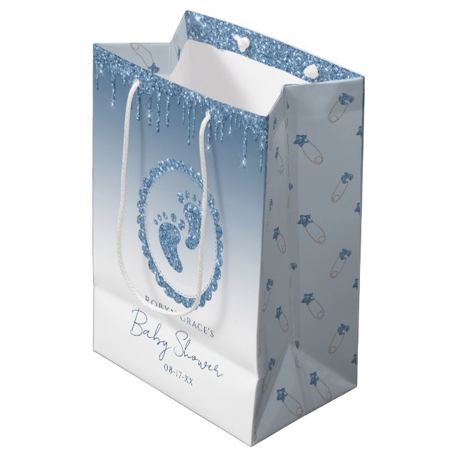 Blue Glitzer Tropfen Baby Showbeutel Mittlere Geschenktüte (Vorderseite Schrägansicht)