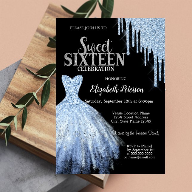 Blue Glitzer Tropfen, Blue Dress Black Sweet 16 Einladung (Von Creator hochgeladen)