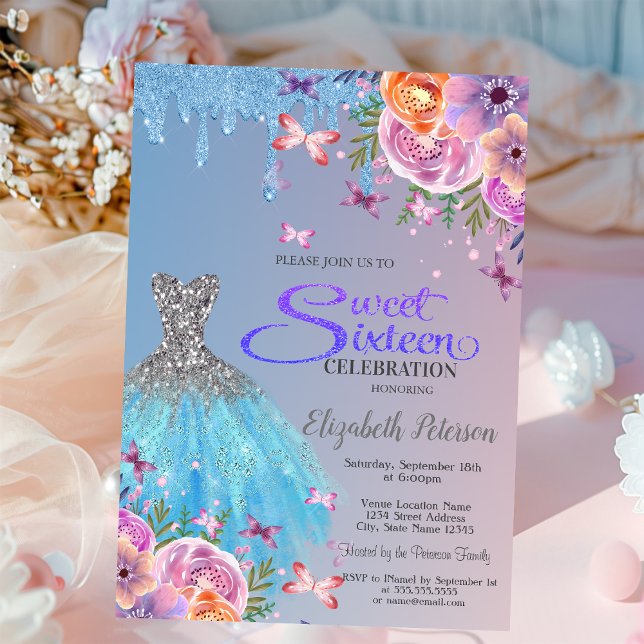 Blue Glitzer Tropfen, Blue Dress Blume Sweet 16 Einladung (Von Creator hochgeladen)