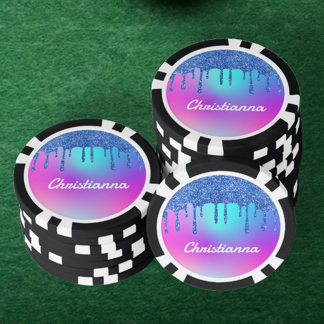 Blue Glitzer Tropfen Fluorescent Neon Pink & Lila Pokerchips (Blue Glitter Drip Fluorescent Neon Pink & Purple Poker Chips)