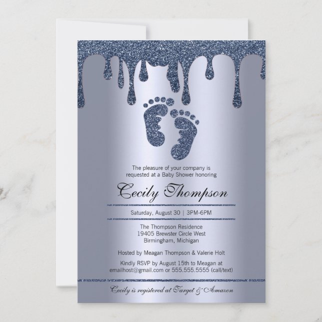 Blue Glitzer Tropfen Luxury Metallic Baby Feet Dus Einladung (Vorderseite)