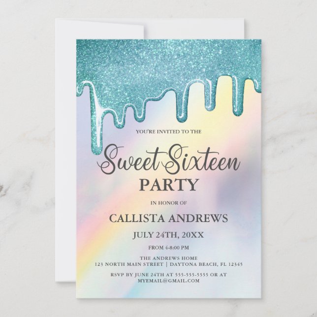 Blue Glitzer Tropfens Rainbow Holographic Sweet 16 Einladung (Vorderseite)