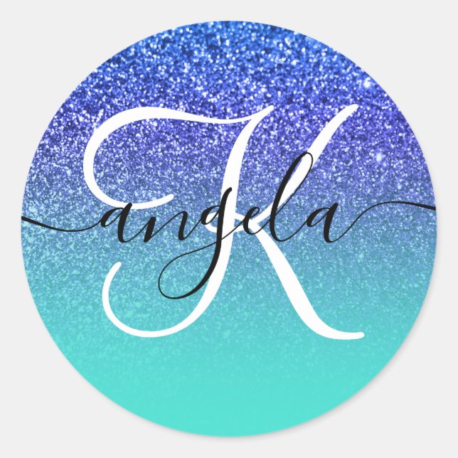 Blue Glitzer Turquoise Ombre Mit Monogramm Runder Aufkleber (Vorderseite)
