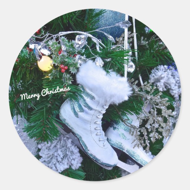 Blue Glitzer und Fur Ice Skate auf Weihnachtsbaum Runder Aufkleber (Vorderseite)
