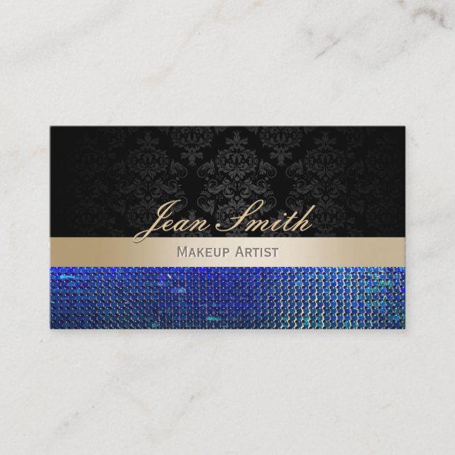Blue Glitzern Damask Makeup Artist Business Cards Visitenkarte (Vorderseite)