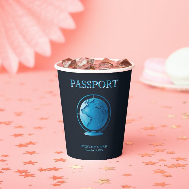 Blue Globe Passport Travel Baby Shower Pappbecher (Insitu)