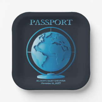 Blue Globe Passport Travel Baby Shower Pappteller