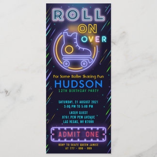 Blue Glow Roller Skaten Ticket Pass Geburtstag Einladung