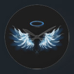 Blue Glowing Angel Wings on black background Große Wanduhr<br><div class="desc">Light, artistic, blue angel wings on a black background. Angel wings.</div>