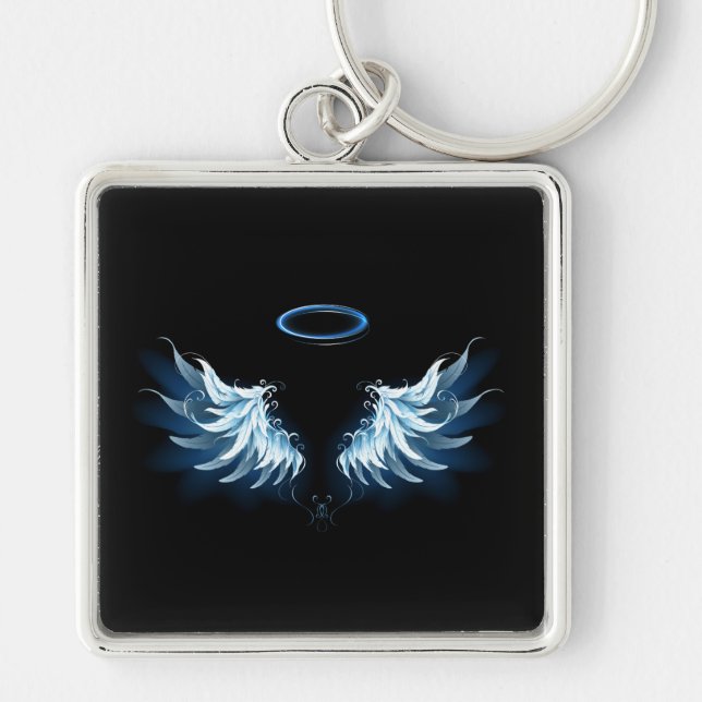 Blue Glowing Angel Wings on black background Schlüsselanhänger (Vorne)