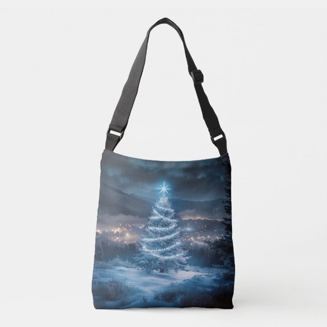 Blue Glowing Winter Night Christmas Tree Tragetaschen Mit Langen Trägern (Vorderseite)