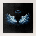 Blue Glows Angel Wings auf schwarzem Hintergrund<br><div class="desc">Helle,  künstlerische,  blaue Engelsflügel auf schwarzem Hintergrund. Engel Flügel.</div>