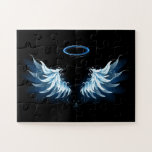 Blue Glows Angel Wings auf schwarzem Hintergrund<br><div class="desc">Helle,  künstlerische,  blaue Engelsflügel auf schwarzem Hintergrund. Engel Flügel.</div>