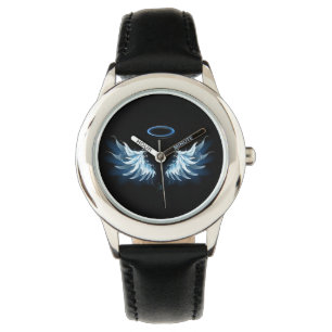 Blue Glows Angel Wings auf schwarzem Hintergrund Armbanduhr