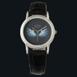Blue Glows Angel Wings auf schwarzem Hintergrund Armbanduhr<br><div class="desc">Helle,  künstlerische,  blaue Engelsflügel auf schwarzem Hintergrund. Engel Flügel.</div>