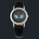 Blue Glows Angel Wings auf schwarzem Hintergrund Armbanduhr<br><div class="desc">Helle, künstlerische, blaue Engelsflügel auf schwarzem Hintergrund. Engel Flügel.</div>