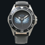 Blue Glows Angel Wings auf schwarzem Hintergrund Armbanduhr<br><div class="desc">Helle, künstlerische, blaue Engelsflügel auf schwarzem Hintergrund. Engel Flügel.</div>