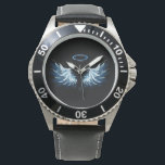 Blue Glows Angel Wings auf schwarzem Hintergrund Armbanduhr<br><div class="desc">Helle,  künstlerische,  blaue Engelsflügel auf schwarzem Hintergrund. Engel Flügel.</div>