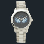 Blue Glows Angel Wings auf schwarzem Hintergrund Armbanduhr<br><div class="desc">Helle, künstlerische, blaue Engelsflügel auf schwarzem Hintergrund. Engel Flügel.</div>