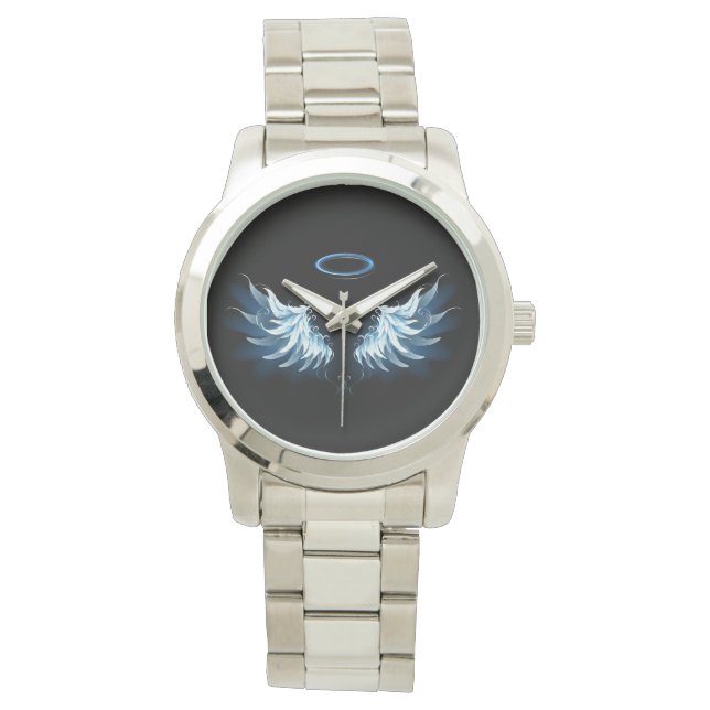 Blue Glows Angel Wings auf schwarzem Hintergrund Armbanduhr (Vorderseite)