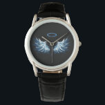 Blue Glows Angel Wings auf schwarzem Hintergrund Armbanduhr<br><div class="desc">Helle,  künstlerische,  blaue Engelsflügel auf schwarzem Hintergrund. Engel Flügel.</div>