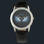 Blue Glows Angel Wings auf schwarzem Hintergrund Armbanduhr<br><div class="desc">Helle, künstlerische, blaue Engelsflügel auf schwarzem Hintergrund. Engel Flügel.</div>