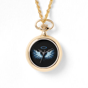 Blue Glows Angel Wings auf schwarzem Hintergrund Armbanduhr