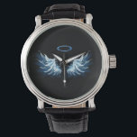 Blue Glows Angel Wings auf schwarzem Hintergrund Armbanduhr<br><div class="desc">Helle,  künstlerische,  blaue Engelsflügel auf schwarzem Hintergrund. Engel Flügel.</div>