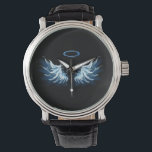 Blue Glows Angel Wings auf schwarzem Hintergrund Armbanduhr<br><div class="desc">Helle, künstlerische, blaue Engelsflügel auf schwarzem Hintergrund. Engel Flügel.</div>