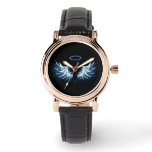 Blue Glows Angel Wings auf schwarzem Hintergrund Armbanduhr