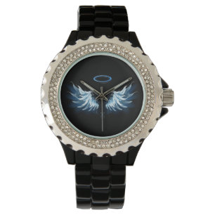Blue Glows Angel Wings auf schwarzem Hintergrund Armbanduhr