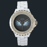Blue Glows Angel Wings auf schwarzem Hintergrund Armbanduhr<br><div class="desc">Helle,  künstlerische,  blaue Engelsflügel auf schwarzem Hintergrund. Engel Flügel.</div>