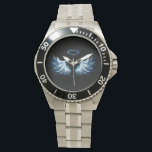 Blue Glows Angel Wings auf schwarzem Hintergrund Armbanduhr<br><div class="desc">Helle,  künstlerische,  blaue Engelsflügel auf schwarzem Hintergrund. Engel Flügel.</div>