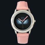 Blue Glows Angel Wings auf schwarzem Hintergrund Armbanduhr<br><div class="desc">Helle,  künstlerische,  blaue Engelsflügel auf schwarzem Hintergrund. Engel Flügel.</div>