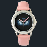 Blue Glows Angel Wings auf schwarzem Hintergrund Armbanduhr<br><div class="desc">Helle,  künstlerische,  blaue Engelsflügel auf schwarzem Hintergrund. Engel Flügel.</div>