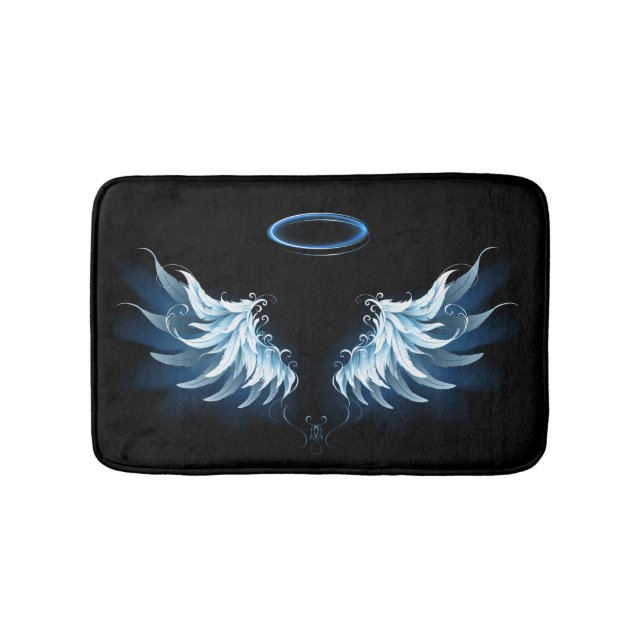 Blue Glows Angel Wings auf schwarzem Hintergrund Badematte (Vorderseite)