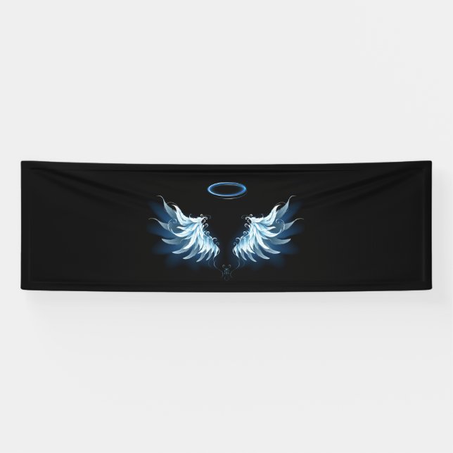 Blue Glows Angel Wings auf schwarzem Hintergrund Banner (Horizontal)