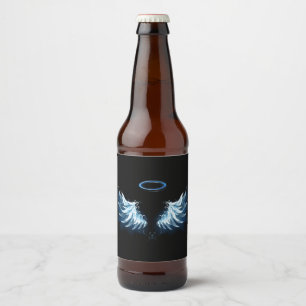 Blue Glows Angel Wings auf schwarzem Hintergrund Bierflaschenetikett