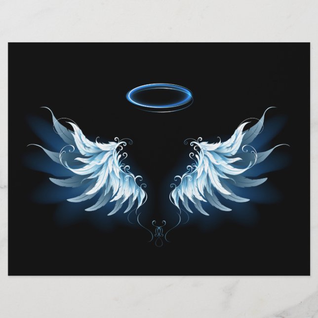 Blue Glows Angel Wings auf schwarzem Hintergrund Briefbogen (Vorderseite)