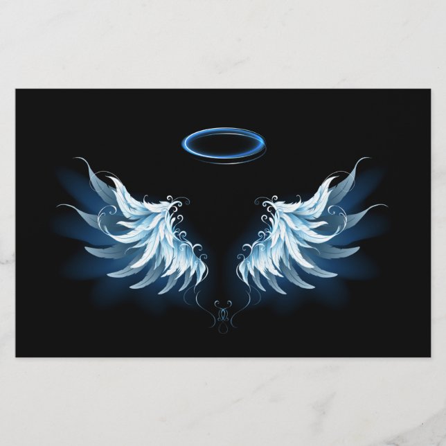 Blue Glows Angel Wings auf schwarzem Hintergrund Briefpapier (Vorderseite)