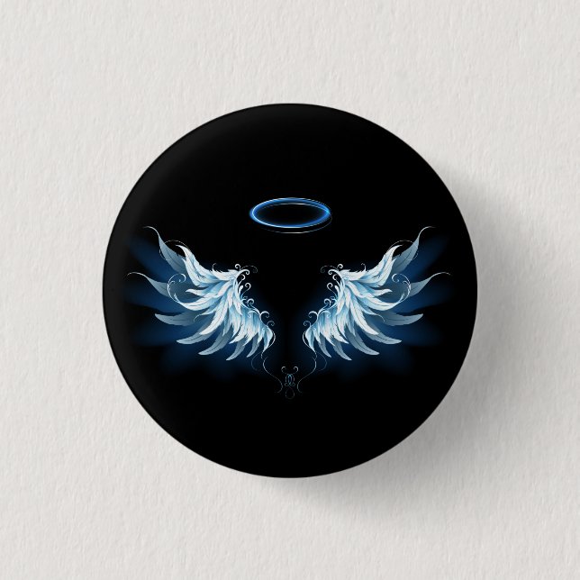 Blue Glows Angel Wings auf schwarzem Hintergrund Button (Vorderseite)