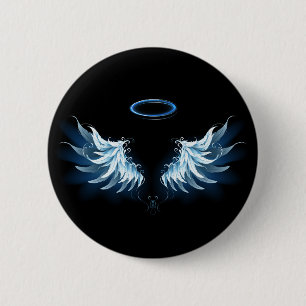 Blue Glows Angel Wings auf schwarzem Hintergrund Button