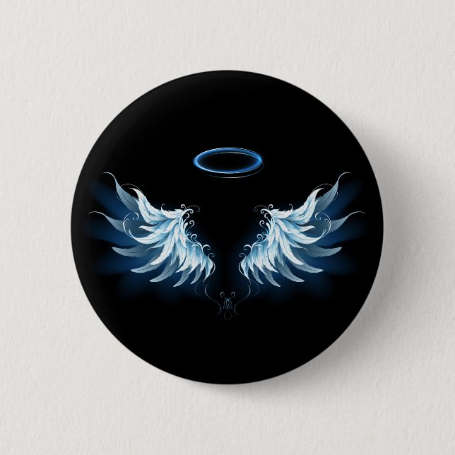 Blue Glows Angel Wings auf schwarzem Hintergrund Button (Vorderseite)