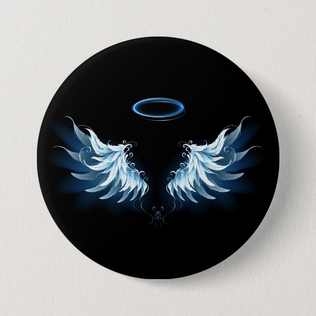 Blue Glows Angel Wings auf schwarzem Hintergrund Button (Vorderseite)