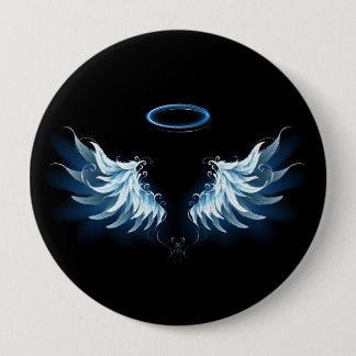 Blue Glows Angel Wings auf schwarzem Hintergrund Button