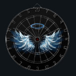 Blue Glows Angel Wings auf schwarzem Hintergrund Dartscheibe<br><div class="desc">Helle,  künstlerische,  blaue Engelsflügel auf schwarzem Hintergrund. Engel Flügel.</div>